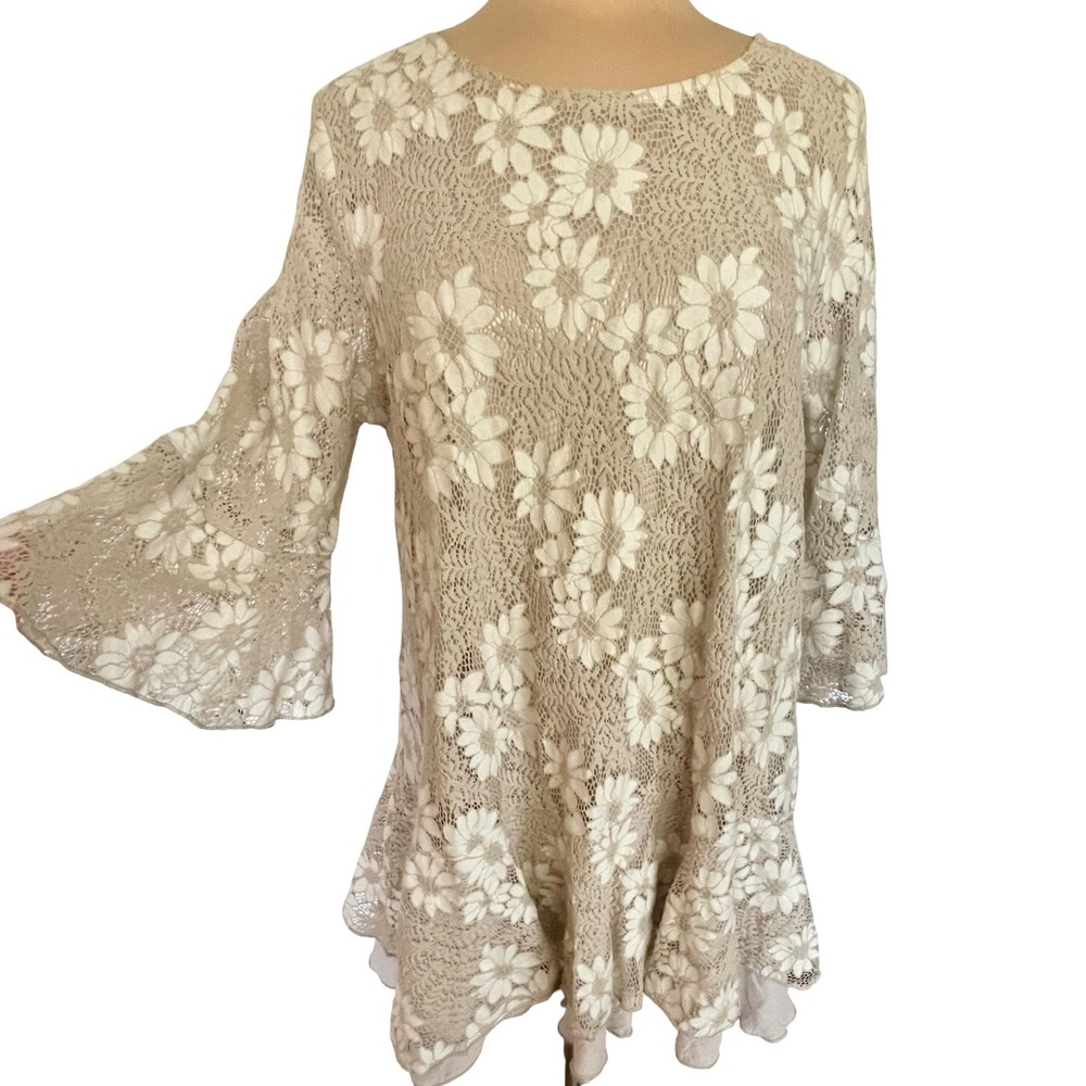 Paisley Vine Floral Lace Tunic Dress Sz XL Cream Bell Sleeve Tiered Boho Fairy
